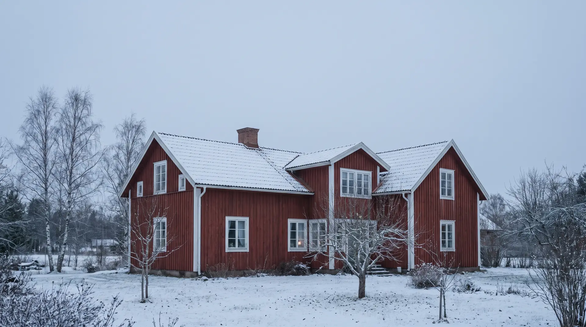 Rött trähus i ett snötäckt vinterlandskap