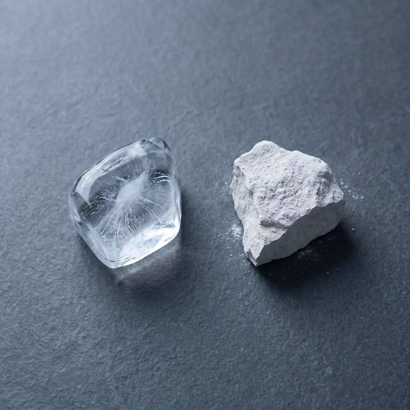 Isbit och bit av kalksten sida vid sida på mörk skiffer