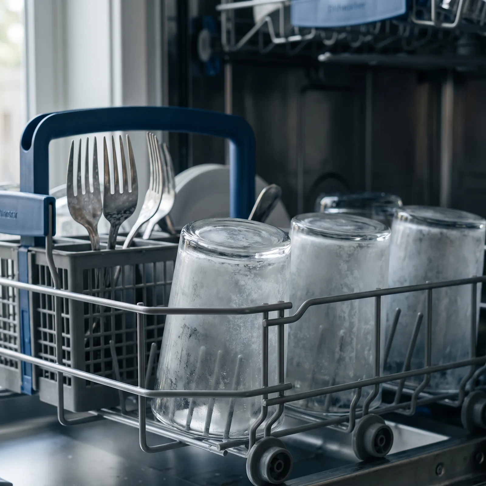 Glas med vita kalkfläckar i en diskmaskin