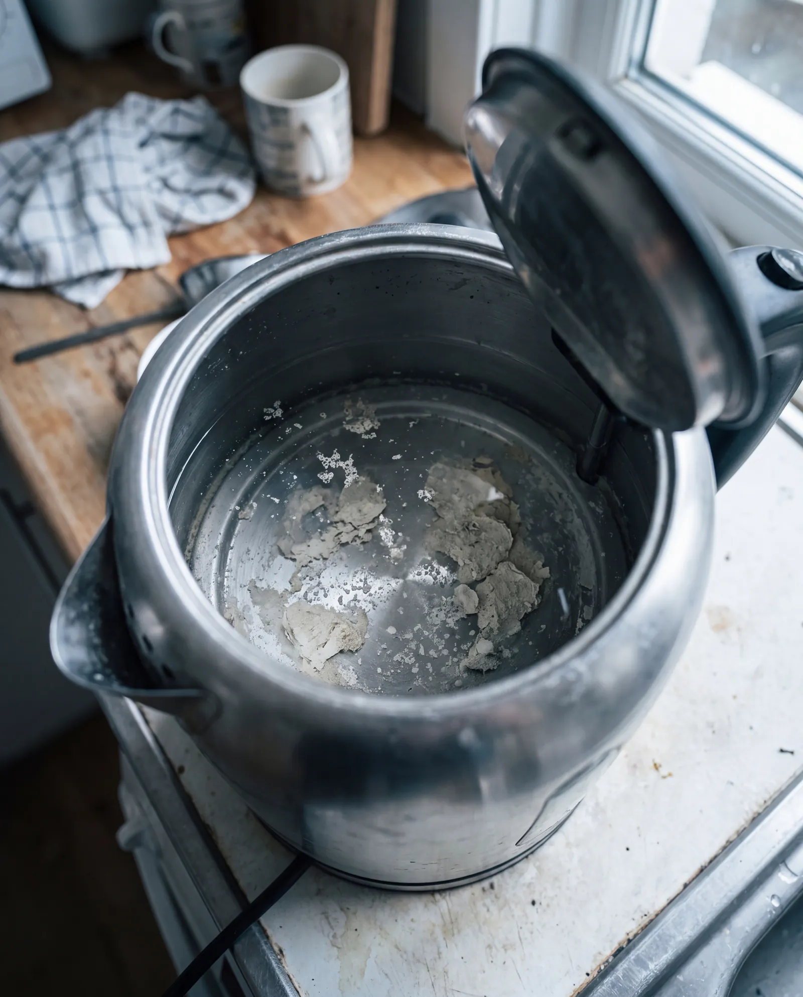 Vattenkokare med kalkbeläggningar och lösa kalkflagor