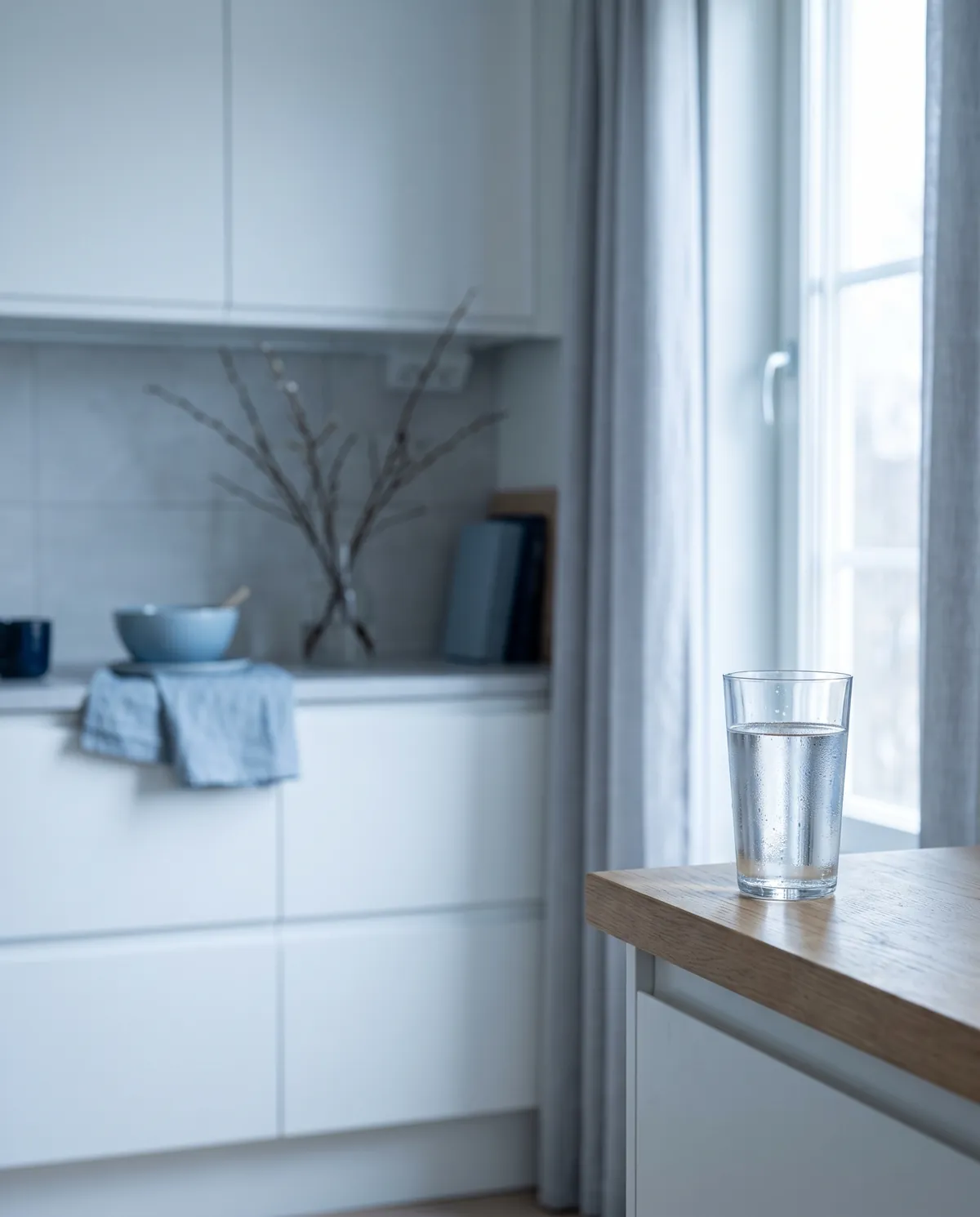 Glas med vatten på en köksbänk